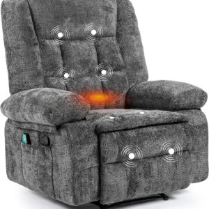 Recliner Chair for Adults with Massage and Heat, Breathable Fabric Reclining Chair with Side Pockets, Comfy Living Room Single Sofa Chair, Dark Grey