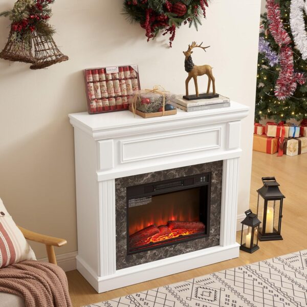 Electric Fireplace with Mantel, Portable Freestanding Wood Stove Heater, 23'' Electric Fireplace Insert,1400W Realistic 3D Flame Stacked Stone Surround, Remote Control (White, 41.34''W 40''H 14''D) - Image 2