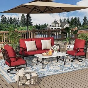 Patio Furniture Set 4 pcs, Metal Outdoor Patio Furniture, 3-Seat Sofa, 2 Swivel Chairs, Coffee Table and 5.75" Extra Thick Cushions, Conversation Set for Backyard Deck, Red