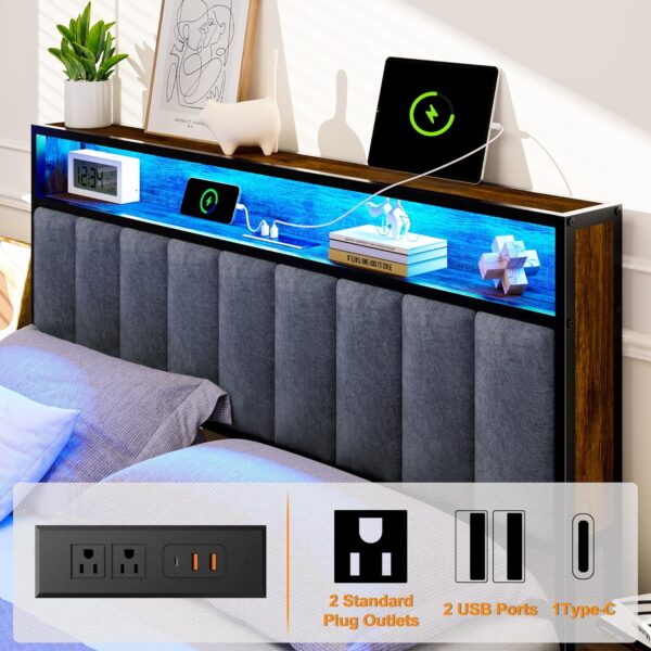 Queen Bed Frame, Queen Bed Frame with LED Light Headboard and 1 Type C & 2 USB Charging Station, Heavy Duty Metal Bed Frame No Box Spring Needed - Easy Assembly and Noise Free (English) - Image 3