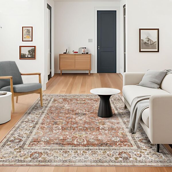 Deerly Machine Washable 5x7ft Area Rugs, Non Slip Large Rug for Living Room Bedroom Dining Room, Low-Pile Kid & Pet Friendly Distressed Carpet Print Floor Rug(Brick Red) - Image 6