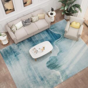 Modern Abstract Area Rug - 5x7 Area Rug Carpet, Non-Slip Non-Shedding Washable Rugs for Living Room and Bedroom, Dark Blue & Aqua Green, 5' x 7'