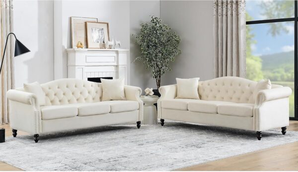 Bellemave 2 Piece Chesterfield Sofa Set for 6, 3 Seater + 3 Seater Sofa Set, Couch and Couch Set, Velvet Upholstered Tufted Couch Set with Pillows, Nailhead & Rolled Arms for Living Room (Grey)