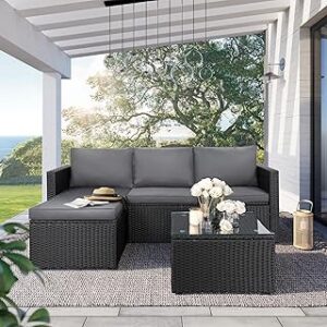 SUNLEI Patio Furniture Set with Detachable Soft Cushions, All Weather Outdoor PE Rattan Patio Conversation Sofa Set, 3-Piece Patio Sectional Sofa with Glass Coffee Table & Ottoman, Black Rattan/Grey