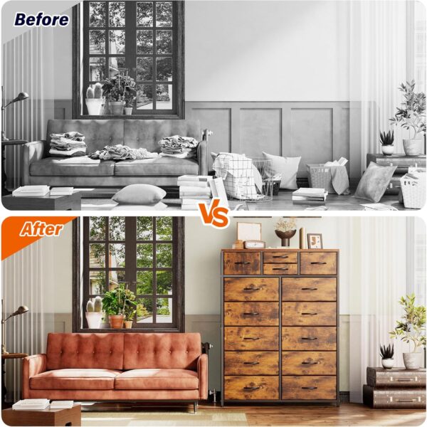 EnHomee Dresser for Bedroom with 14 Drawers Tall Dressers for Bedroom Dressers & Chests of Drawers,Wooden Top,Sturdy Metal Frame, Rustic Brown, 11.8" D x 37" W x 52" H - Image 6
