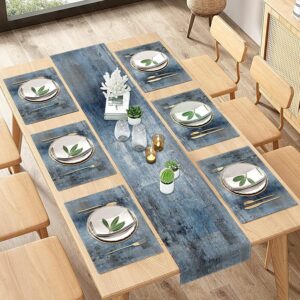 ArtSocket Farmhouse Table Runner and Placemats Set of 6, Abstract Blue Grey Gray Vintage Painting Art Dining Table Decor for Daily Use(1 Table Runner 72 inches Long and 6 Placemats)