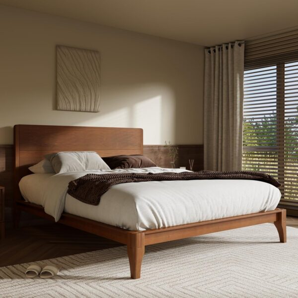 Merax King Size Bamboo Platform Bed, Mid-Century Modern Bed Frame with Tall Headboard, Wood Slat Support, No Box Spring Needed, Easy Tool-Free Assembly, Brown - Image 3