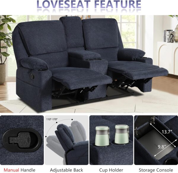 KIGOTY Loveseat and Recliner Chair, Living Room Set, 2-Piece Recliner Furniture Sofa, with Rocking Recliner Chair with Cup Houlders for Living Room, Home Theater,Navy Blue - Image 3