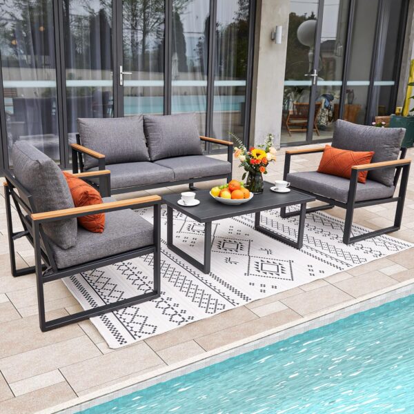 Patio Furniture Set, 4 Pieces Outdoor Patio Furniture with Table Set, Metal Patio Conversation Sets with Washable and High-Resiliency Sponge Cushions, Grey - Image 7