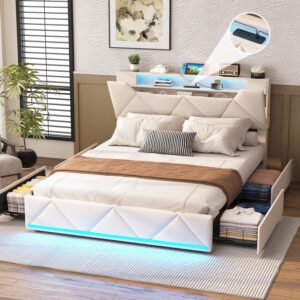 Vabches Full Bed Frame with Storage Headboard and 4 Drawers,Upholstered Platform with Charging Station and Led Lights,Adjustable Headboard,No Box Spring Needed,Beige