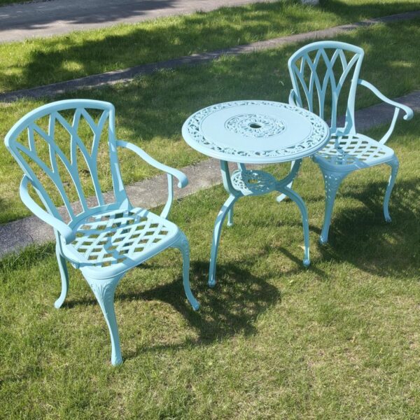 KAILI 3 Piece Bistro Table Set Cast Aluminum Outdoor Patio Furniture with Chair with armrests (Light Blue) - Image 6
