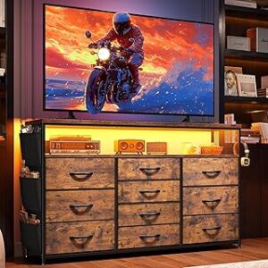 EnHomee Dresser TV Stand with 10 Drawers for 55" TV Stand for Bedroom with LED Lights & Power Outlets Wide Dresser for Bedroom with Shelves & Side Pockets Sturdy Metal Frame & Wood Top, Rustic Brown