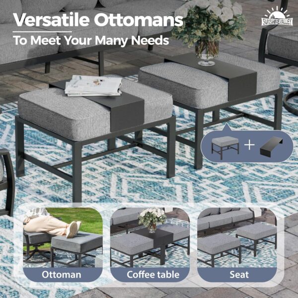 7 Piece Metal Outdoor Patio Furniture Set, Patio Conversation Sets 3-seater Sofa, 2 Rocking Chair, 2 Ottomans with 5.75" Thick Cushion, Black All-weather Frame Backyard Furniture, Gray - Image 5