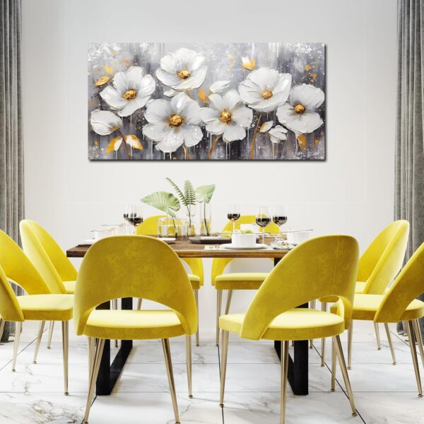 CIRABKY Flower Wall Art for Bedroom - White Wall Decor - Gold Wall Art for Living Room Office Artwork Canvas Pictures Size 20" x 40" - Image 5