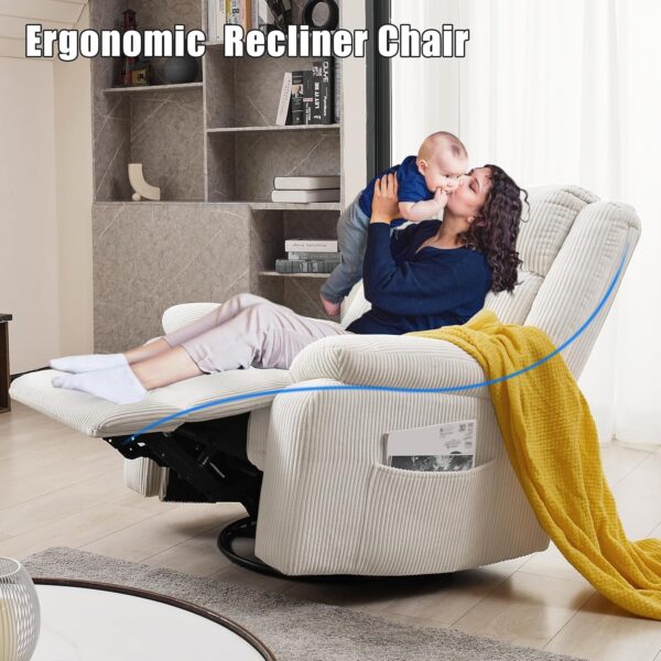 PrimeZone Swivel Rocker Recliner Chair- Oversized Rocking Glider Chair with Electric Massage Heat & USB Ports, Corduroy Reclining Chair for Living Room, Nursery, Bedroom, Home Theater, White - Image 3