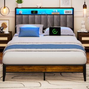 Queen Bed Frame, Queen Bed Frame with LED Light Headboard and 1 Type C & 2 USB Charging Station, Heavy Duty Metal Bed Frame No Box Spring Needed - Easy Assembly and Noise Free (English)