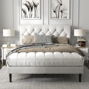 Queen Size Platform Bed Frame with Upholstered Button Tufted Headboard, Mattress Foundation with Wooden Slat Support, Noise Free, No Box Spring Needed, Easy Assembly, Light Grey