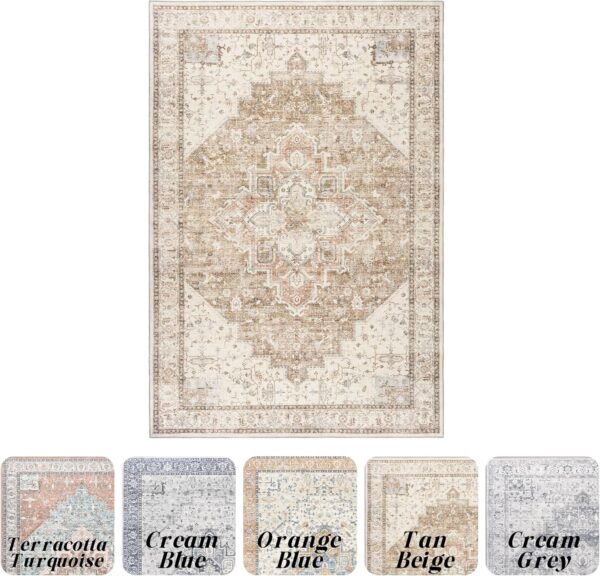 Boho Neutral Living Room Rug 5x7 Washable Vintage Rustic Earth Tone Modern Farmhouse Style Easy to Clean Stain Resistant Area Rugs for Dining Room,Light Tan Brown and Beige - Image 2