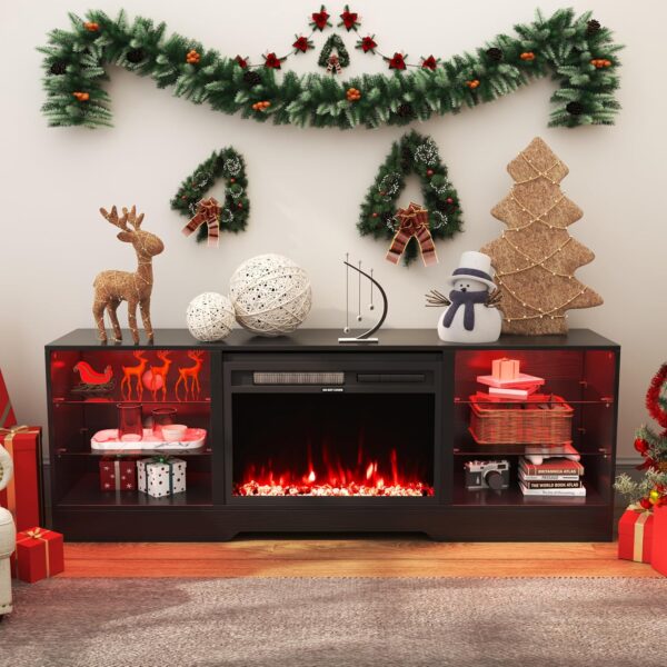 COCO DESIGN Fireplace TV Stand with 23" Fireplace, Electric Fireplace TV Console for TVs up to 75", LED Lights Wood and Glass Entertainment Center & Remote Control, Black - Image 7