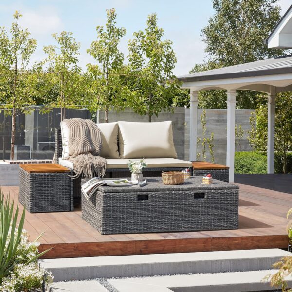 Devoko Outdoor Daybed Set Multifunctional Patio Day Bed Rattan Lounge Bed with 2 Side Tables for Backyard Porch Poolside Lawn Beach (Beige White) - Image 2