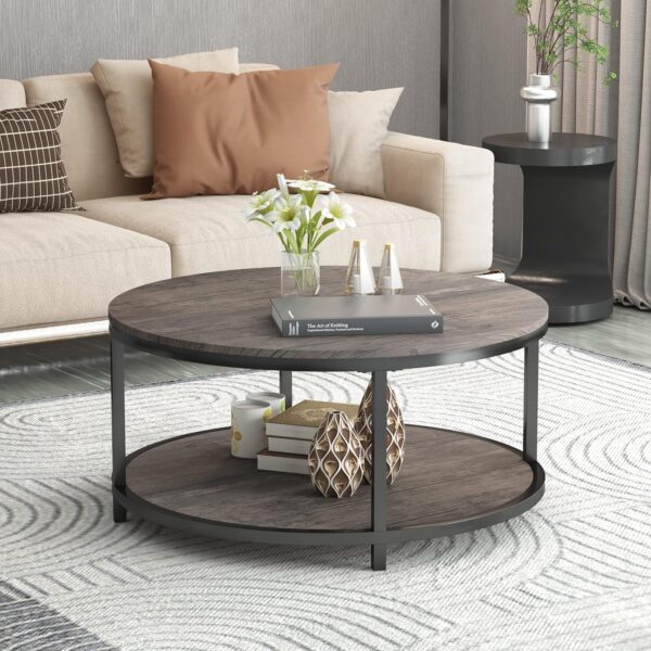 NSdirect Round Coffee Table,36" Coffee Table for Living Room,2-Tier Rustic Wood Desktop with Storage Shelf Modern Design Home Furniture(Light Walnut) - Image 3