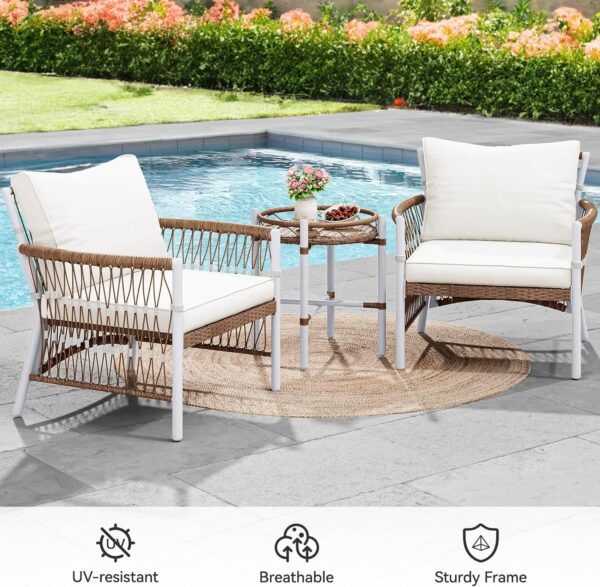 YITAHOME 3-Piece Outdoor Patio Furniture Wicker Bistro Set, All-Weather Rattan Conversation Chairs for Backyard, Balcony and Deck with Soft Cushions, Beige - Image 5