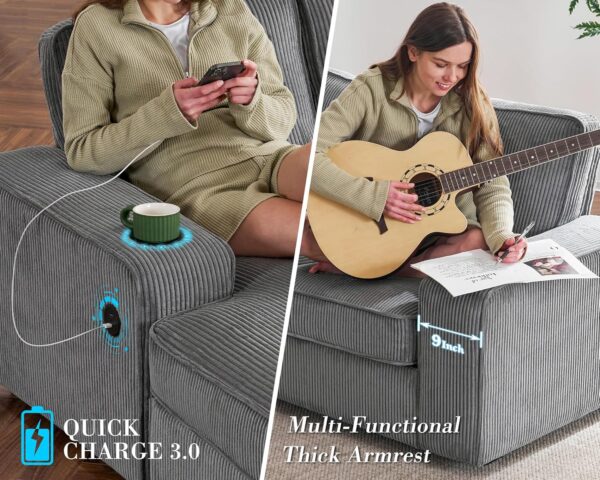 112 inch Sectional Sofa, Oversized Sofa with Storage Chaise, U Shaped Sofa Couch with USB Ports, Corduroy Couch—Grey - Image 4