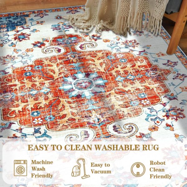 Area Rug 6x9 Living Room Rugs - Large Washable Vintage Floral Boho Area Rug Non-Slip Bedroom Rug Soft Low-Pile Oriental Indoor Carpet for Dining Room Office Nursery (OrangeNavy, 6'x9') - Image 3