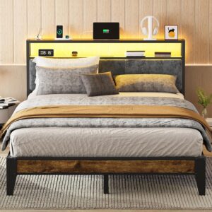 OLEVS Queen Bed Frame with Headboard, Metal Platform Bed Queen Size with 2-Tier Storage, LED Light & Charging Station Type C, No Box Spring Needed