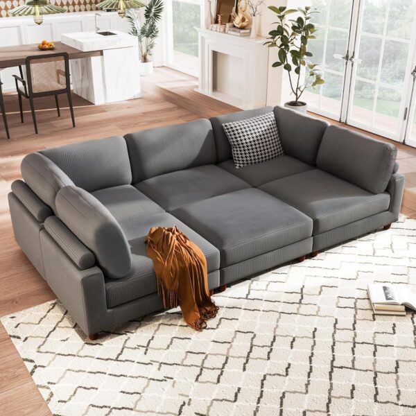 Free Combination Convertible Modular Sectional Sofa with Movable Ottomans , 163'' Oversized Corduroy Upholstered Sleeper Corner Couch Sofabed with Wooden Legs and Detachable Cushions for Living Room - Image 3