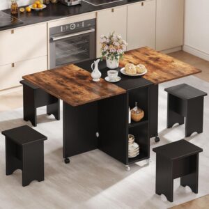 DWVO 5 Pieces Folding Extendable Dining Table Set with 4 Chairs for 4 Peoples, 55'' Drop Leaf Wood Kitchen Dining Room Table Set with Storage and 6 Wheels for Small Space Saving, Rustic Brown