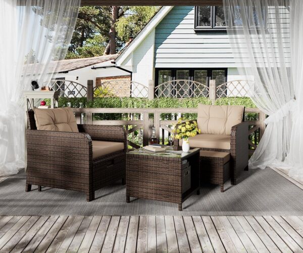Balcony Furniture 5 Piece Patio Conversation Set, PE Wicker Rattan Outdoor Lounge Chairs with Soft Cushions 2 Ottoman&Glass Table for Porch, Lawn-Brown Wicker (Brown) - Image 2