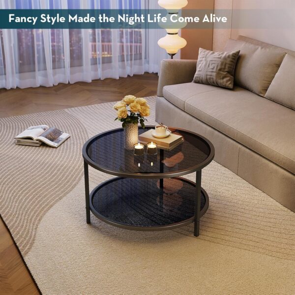 SAYGOER 27.6'' Round Coffee Table 2 Tier Black Glass Coffee Tables with Storage Shelf for Large or Small Space Modern Simple Sofa Table for Living Room Home Office, Easy Assembly… - Image 6