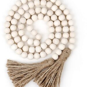 58in Wood Bead Garland with Tassels,Farmhouse Beads Rustic Country Decor Prayer Boho Beads Wall Hanging Decoration (Nature)