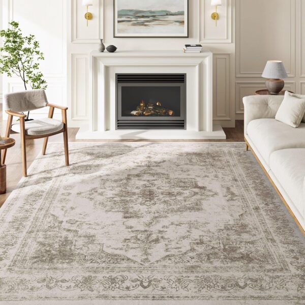 Vintage Area Rug 6x9 Indoor Bedroom Rug Taupe Medallion Washable Living Room Carpet Retro Accent Throw Rug Distressed Rug for Office Dining Room Nursery - Image 4