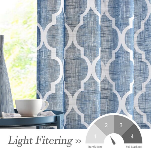 Beauoop Linen Semi Sheer Curtains 84 Inches Long 2 Panels for Bedroom Living Room Blue Moroccan Geo Farmhouse Light Filtering Privacy Textured Grommet Top Window Treatments Drapes, 50x84 2 Set - Image 3