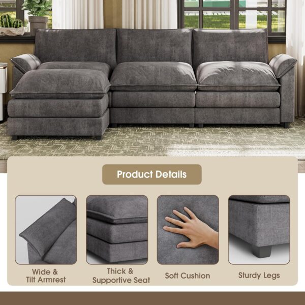 JUMMICO 119” Modular Sectional Sofa Couch, Modern Wide Arm L Shaped Couch with Deep Seat and Reversible Ottoman, Chenille Fabric Sleeper Sofa Couches for Living Room, Apartment (Gray, 4-Seat) - Image 3