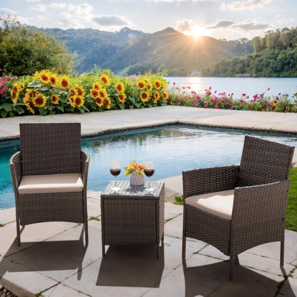 Flamaker Patio Furniture Set 3 Pieces All-Weather Rattan Outdoor Furniture Patio Chairs with Tempered Glass Table for Porch Bistro Balcony (Brown/Cream) - Image 5