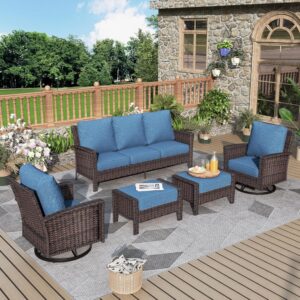 5-Piece Patio Furniture Set, Oversized Outdoor Wicker Sofa with High Back Swivel Chairs and Comfy Ottoman, Sectional Rattan Outdoor Conversation Set for Poolside Backyard Deck, Blue