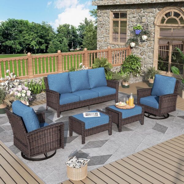 5-Piece Patio Furniture Set, Oversized Outdoor Wicker Sofa with High Back Swivel Chairs and Comfy Ottoman, Sectional Rattan Outdoor Conversation Set for Poolside Backyard Deck, Blue