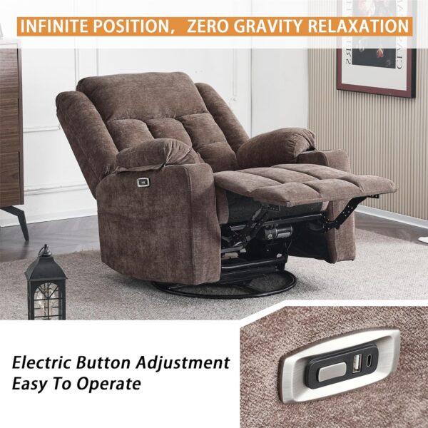 Power Swivel Rocker Recliner Massage Chair, USB and Type-C Ports, Electric Recliner Glider Reading Chairs Living Room, Upholstered Soft Fabric Reclining Sofa Chair (Fabric Coffee) - Image 4