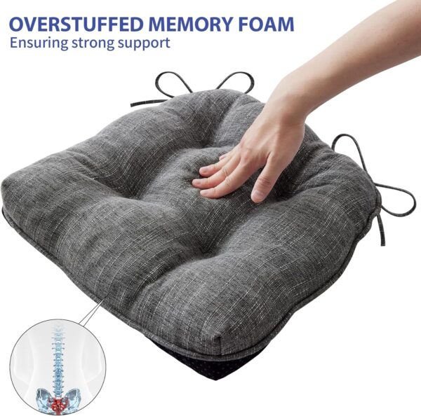 Chair Cushions for Dining Chairs Set of 4, Indoor Kitchen Chair Cushions with Ties and Non Slip Backing, Tufted Shredded Memory Foam Kitchen Chair Pads, 15.5" x 15.5" x 4", Dark Grey - Image 5