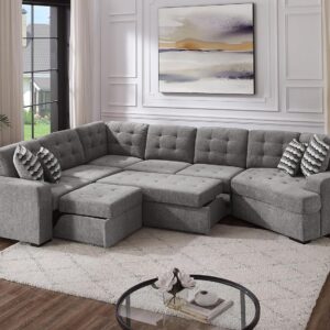 THSUPER 149'' Oversized Sectional Sleeper Sofa with Chaise Lounge and Pull Out Bed, 7-Seater U-Shaped Sectional Couches with Cuddler for Living Room - Ebony Chenille