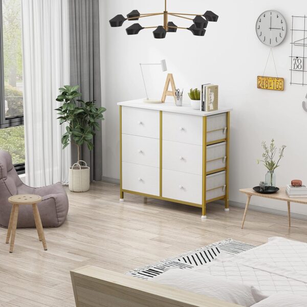 BOLUO White Dresser for Bedroom 6 Drawer Small Dresser Organizers Fabric Storage Chest Tower Dressers Unit for Closet Nursery Hallway Office, Kids and Adult Modern Gold - Image 4