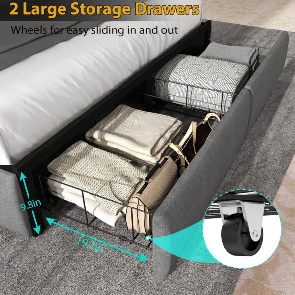 Full Bed Frame with Charging Station and 2 Storage Drawers, Upholstered Full Size Bed Frame with RGB LED Lights Headboard, No Box Spring Needed, Easy Assembly, Gray - Image 7