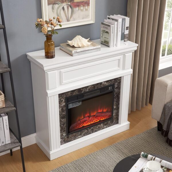 Electric Fireplace with Mantel, Portable Freestanding Wood Stove Heater, 23'' Electric Fireplace Insert,1400W Realistic 3D Flame Stacked Stone Surround, Remote Control (White, 41.34''W 40''H 14''D) - Image 3