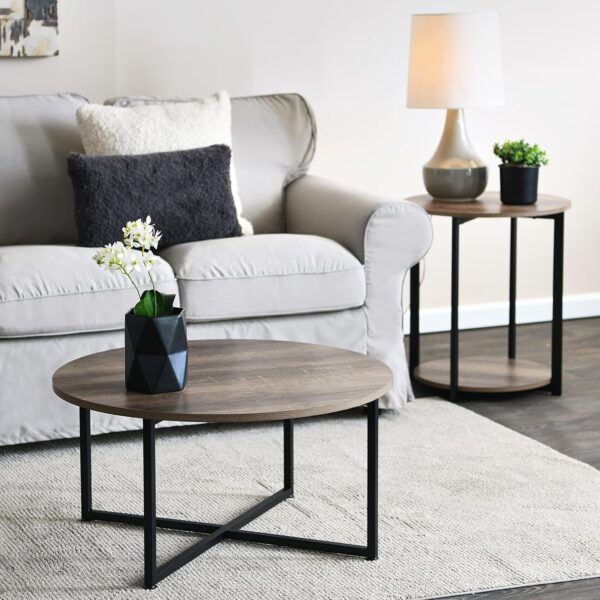 Household Essentials Jamestown Round Coffee Table Ashwood Rustic Wood Grain and Black Metal 31.5 x 31.5, Taupe - Image 7