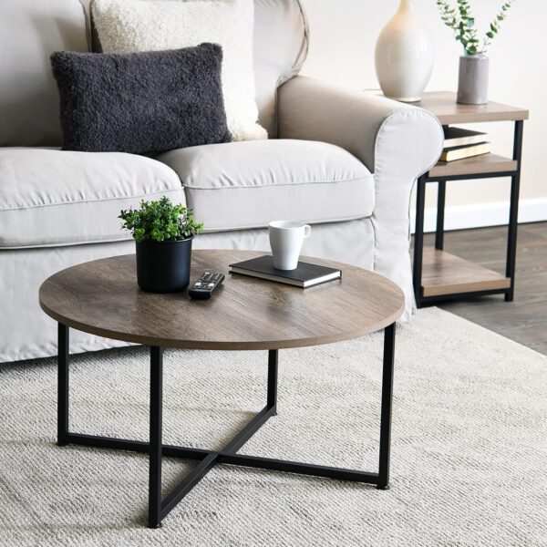 Household Essentials Jamestown Round Coffee Table Ashwood Rustic Wood Grain and Black Metal 31.5 x 31.5, Taupe - Image 6