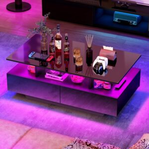 YITAHOME Lift Top Coffee Table, Coffee Table with Storages for Living Room, Rectangular Coffee Tables with 4 Spacious Drawers, Modern Coffee Table with LED Light, White