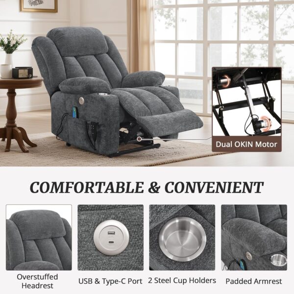 Oversized Power Lift Recliner Chair for Adults, Dual Motor Recliner Chair for Elderly, Lazyboy Recliner Chair with Heat and Massage, Infinite Position, USB Port, Side Pockets, Linen, Dark Gray - Image 5